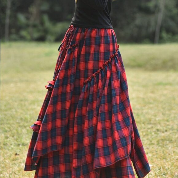 Red Casual Women's Plaid Asymmetric Hem 3d Floral Decor Skirt - Picture 4 of 5